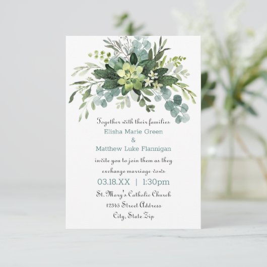 Blauwgroen Bouquet - 3x5 Uitnodiging tot bruiloft (Staand voorkant)