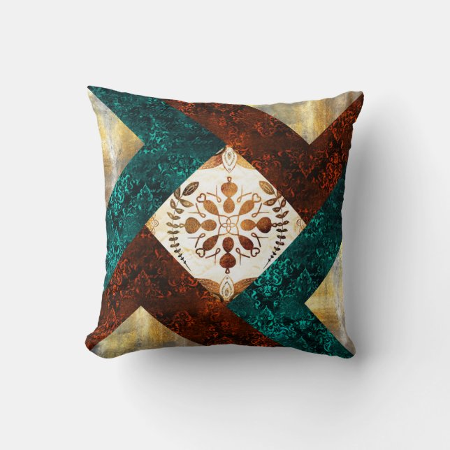 Blauwgroen, Bourgogne en goudgeometrische Damask Kussen (Voorkant)