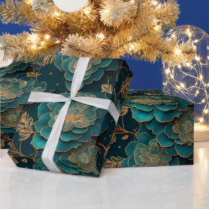 Blauwgroen & Brons Bloemen Verpakkingsdocument Cadeaupapier