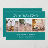 Blauwgroen bruiloft foto collage bewaart de datumk save the date (Voorkant / Achterkant)