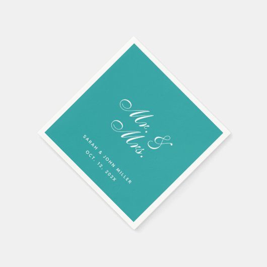 Blauwgroen bruiloft Mr en Mrs Elegant Script Servet (Hoek)