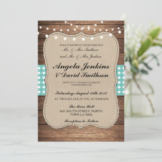 Blauwgroen bruiloft rustieke Burlap Wood Lights Ba Kaart (Staand voorkant)