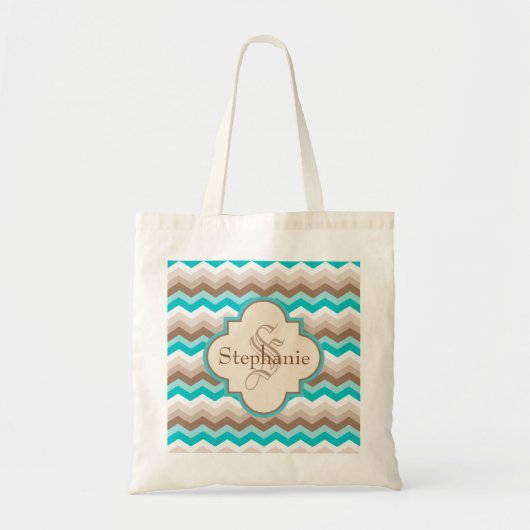 Blauwgroen bruin Chevron Modern Monogram Tote Bag (Voorkant)