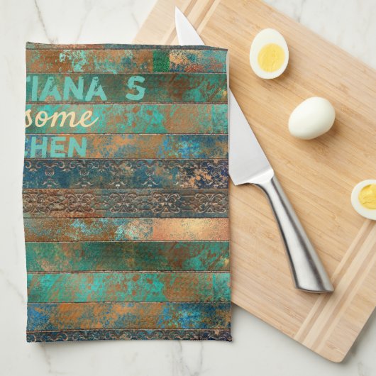 Blauwgroen bruin faux koperen patina geïnspireerd theedoek (Quarter Fold)