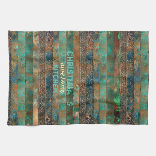 Blauwgroen bruin faux koperen patina geïnspireerd theedoek (Horizontaal)