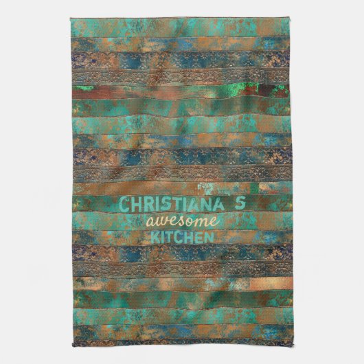 Blauwgroen bruin faux koperen patina geïnspireerd theedoek (Verticaal)