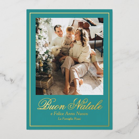 Blauwgroen Buon Natale e Felice Anno Nuovo Script Folie Feestdagenkaart (Voorkant)