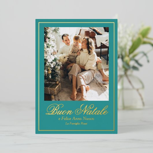 Blauwgroen Buon Natale e Felice Anno Nuovo Script Folie Feestdagenkaart (Staand Voorkant)