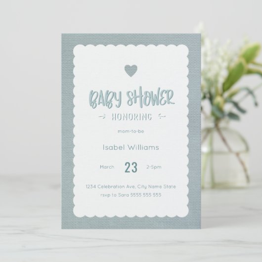 Blauwgroen Burlap Baby shower Uitnodiging - Blank (Staand voorkant)