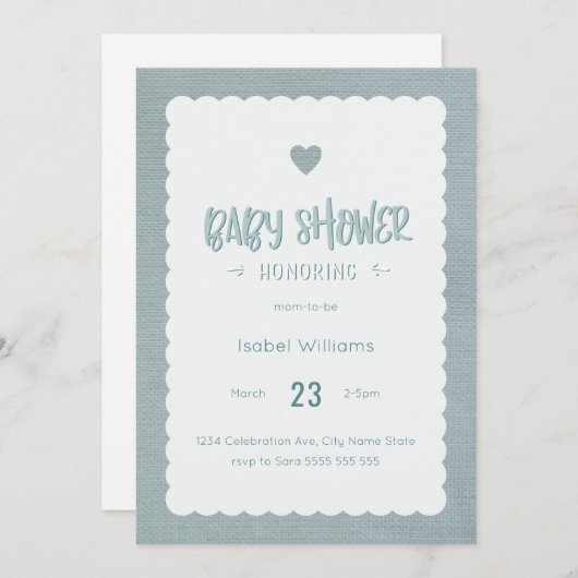 Blauwgroen Burlap Baby shower Uitnodiging - Blank  (Voorkant / Achterkant)