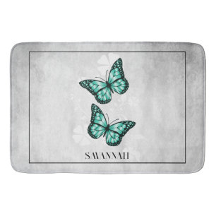 Blauwgroen Butterfly Floral Personalized Bath Mat