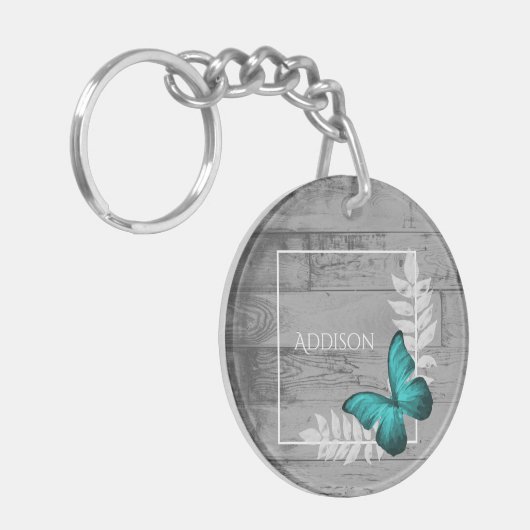 Blauwgroen Butterfly Rustic Personalized Sleutelha Sleutelhanger (Voorkant Links)