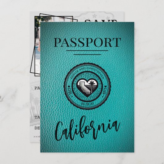 Blauwgroen Californisch paspoort Bewaar de datum Save The Date (Voorkant / Achterkant)