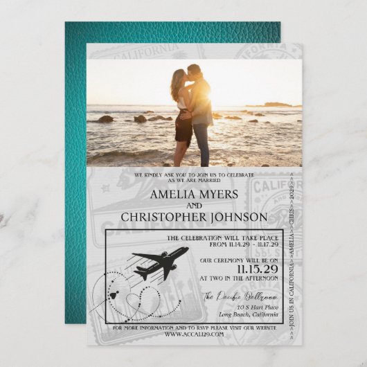 Blauwgroen Californische paspoortbruiloft Kaart (Voorkant / Achterkant)