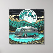 Blauwgroen  camper in de bergen Retro Canvas Afdruk (Voorkant)