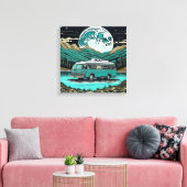 Blauwgroen  camper in de bergen Retro Canvas Afdruk (Insitu (Woonkamer))