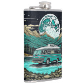 Blauwgroen  camper in de bergen Retro Heupfles (Rechts)