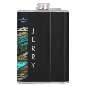 Blauwgroen  camper in de bergen Retro Heupfles (Achterkant)