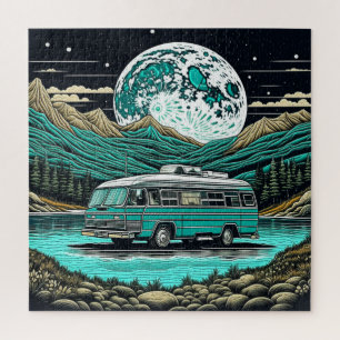 Blauwgroen camper in de bergen Retro Legpuzzel