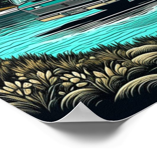 Blauwgroen  camper in de bergen Retro Poster (Hoek)