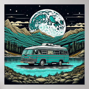 Blauwgroen camper in de bergen Retro Poster