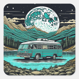 Blauwgroen  camper in de bergen Retro Vierkante Sticker