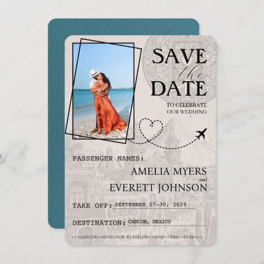 Blauwgroen Cancun paspoort Bewaar de datum Save The Date (Voorkant / Achterkant)