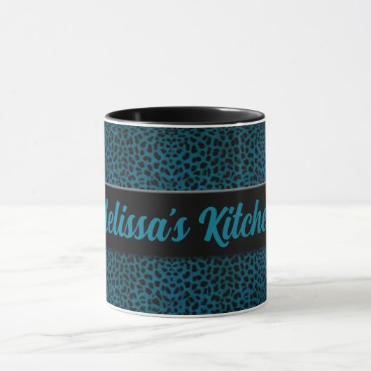 Blauwgroen Cheetah Print met Black en Name Mok (Midden)