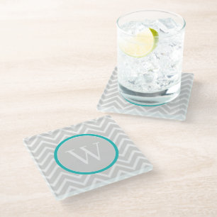 Blauwgroen Chevron Monogram Glass Onderzetter