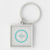 Blauwgroen Chevron Monogram Sleutelhanger (Voorkant)
