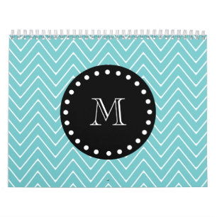 Blauwgroen Chevron Pattern Zwart monogram Kalender