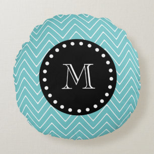 Blauwgroen Chevron Pattern   Zwart monogram Rond Kussen