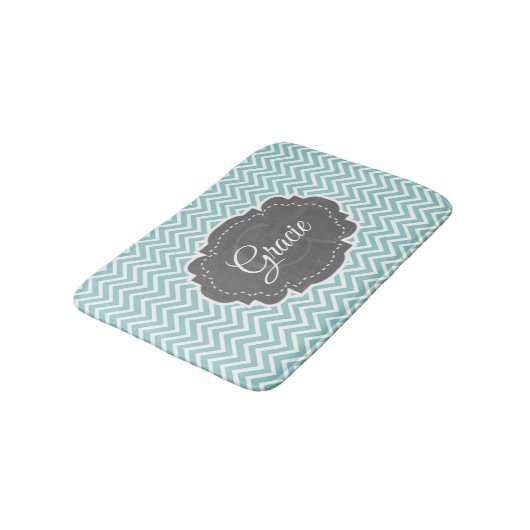 Blauwgroen Chevron Personalized Bath Mat (Gekanteld)