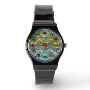 Blauwgroen CHEVRONEN MET GEEL GEMOLIE GEMSTONES Horloge