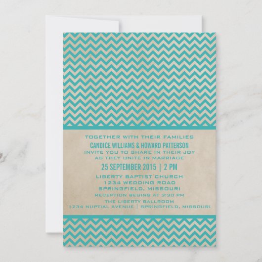 Blauwgroen Chic Chevron Wedding Invite Kaart (Voorkant)
