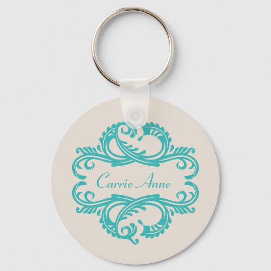 Blauwgroen Chic Damask Sleutelhanger (Voorkant)