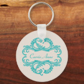 Blauwgroen Chic Damask Sleutelhanger (Voorkant)