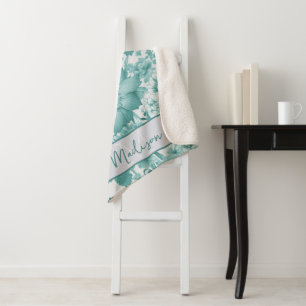 Blauwgroen Chinoiserie Bloemen gepersonaliseerd Sherpa Deken
