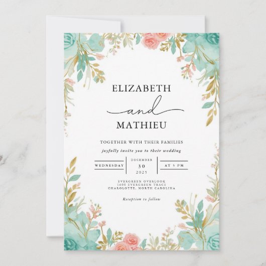 Blauwgroen & Coral Bloom Archway Wedding Kaart (Voorkant)