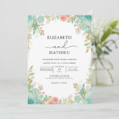 Blauwgroen & Coral Bloom Archway Wedding Kaart (Staand voorkant)