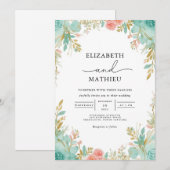 Blauwgroen & Coral Bloom Archway Wedding Kaart (Voorkant / Achterkant)