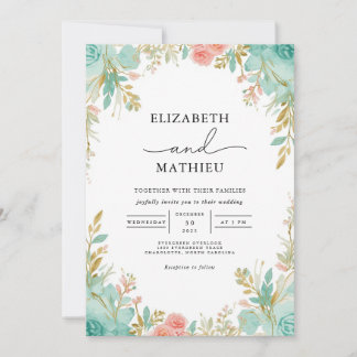 Blauwgroen & Coral Bloom Archway Wedding Kaart