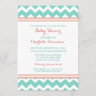Blauwgroen Coral Chevron Custom Baby Shower-uitnod Kaart