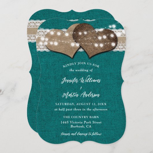 Blauwgroen Country Burlap Lace String Lights Weddi Kaart (Voorkant / Achterkant)