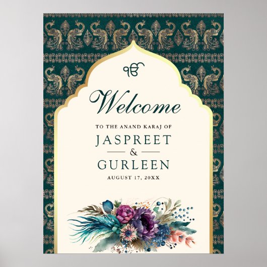 Blauwgroen Cream Anand Karaj Bruiloft Welkomstbord Poster (Voorkant)