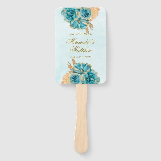 Blauwgroen Creamy Gold Florals Weddenschap Harteli Handwaaier (Voorkant)