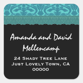 Blauwgroen Damask Bruiloft retour adreslabels Vierkante Sticker