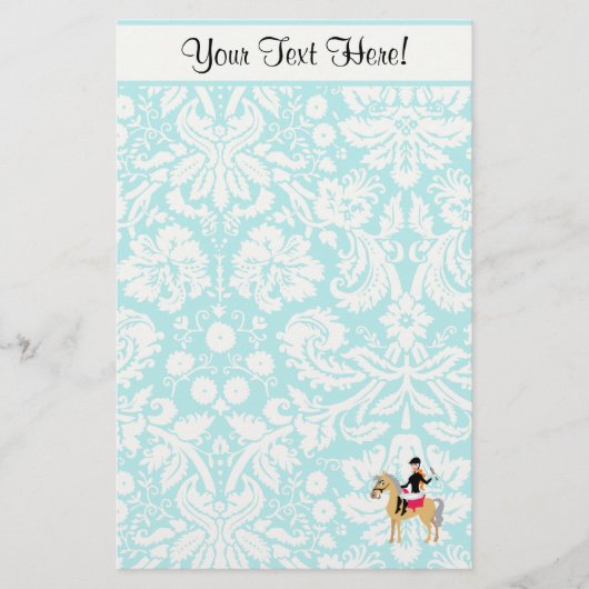 Blauwgroen Damask Equestrian Briefpapier (Voorkant)