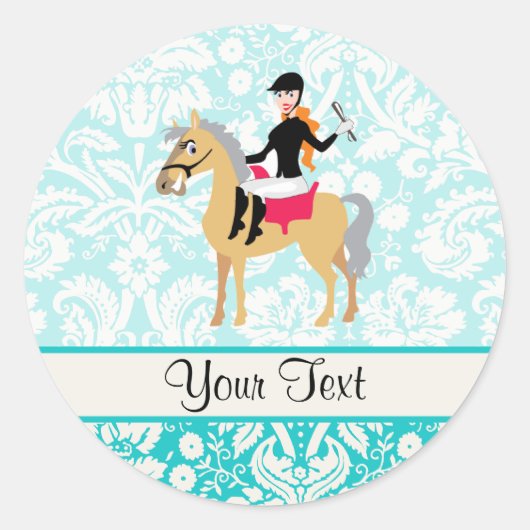 Blauwgroen Damask Equestrian Ronde Sticker (Voorkant)