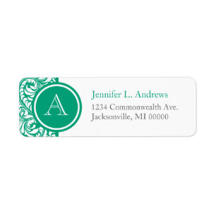 Blauwgroen Damask Monogram adres Retourlabels Etiket
